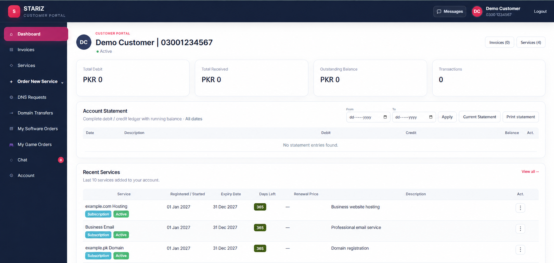 Demo STARIZ CRM customer portal showing invoices, account statement and active services